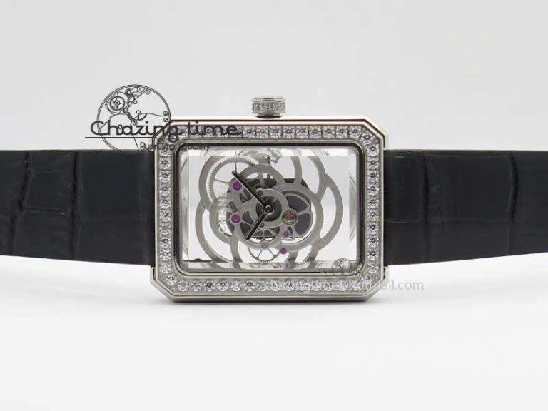 Premiere SS Camellia Silver Skeleton Dial Diamond Bezel On Black Leather Strap Upgraded 6481