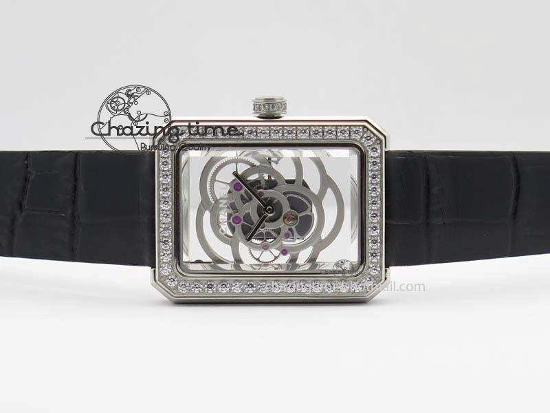 Premiere SS Camellia Silver Skeleton Dial Diamond Bezel On Black Leather Strap Upgraded 6481