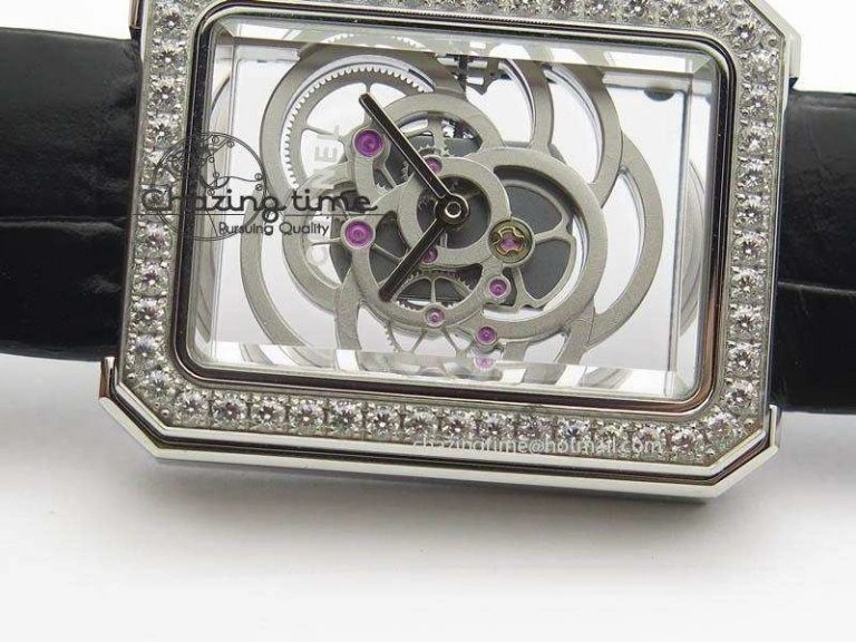 Premiere SS Camellia Silver Skeleton Dial Diamond Bezel On Black Leather Strap Upgraded 6481
