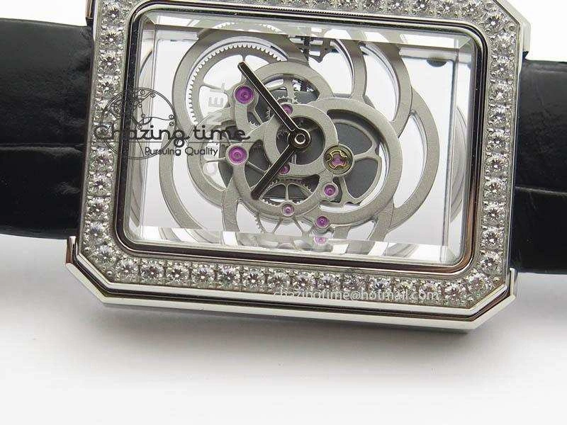Premiere SS Camellia Silver Skeleton Dial Diamond Bezel On Black Leather Strap Upgraded 6481