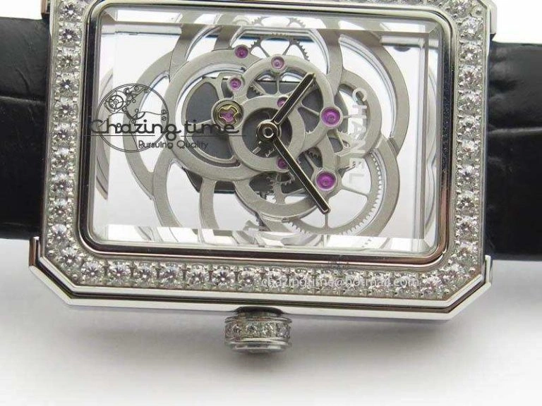 Premiere SS Camellia Silver Skeleton Dial Diamond Bezel On Black Leather Strap Upgraded 6481