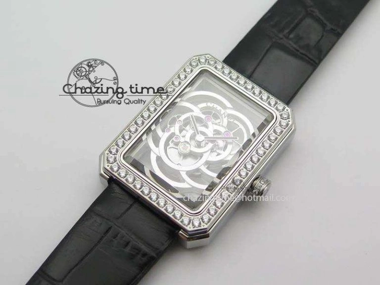 Premiere SS Camellia Silver Skeleton Dial Diamond Bezel On Black Leather Strap Upgraded 6481