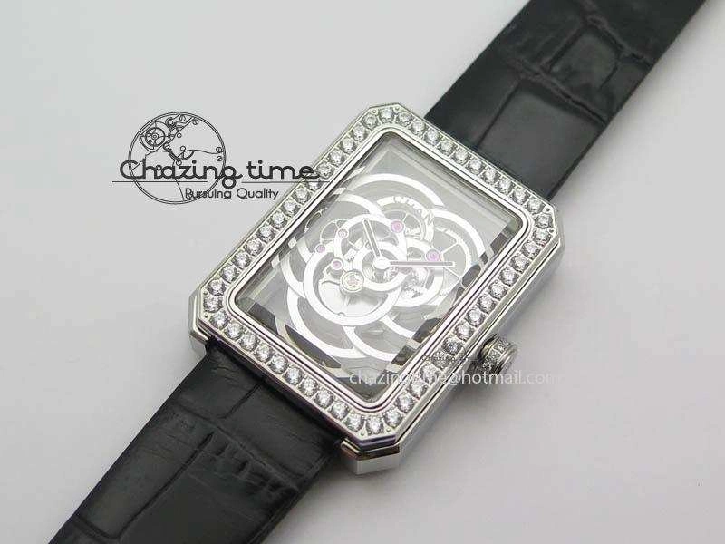 Premiere SS Camellia Silver Skeleton Dial Diamond Bezel On Black Leather Strap Upgraded 6481