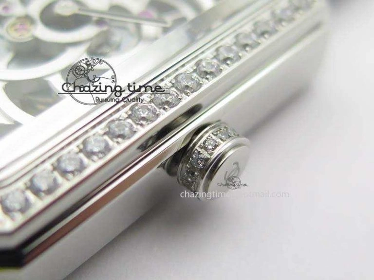 Premiere SS Camellia Silver Skeleton Dial Diamond Bezel On Black Leather Strap Upgraded 6481