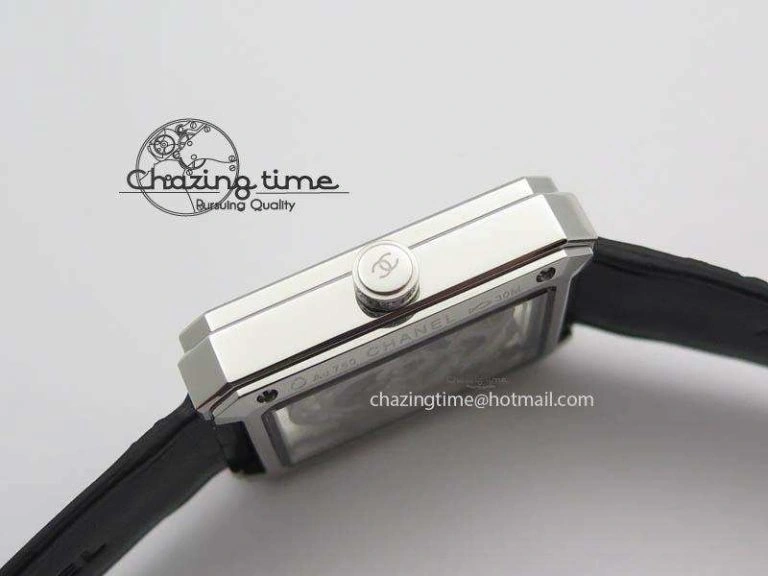 Premiere SS Camellia Silver Skeleton Dial Diamond Bezel On Black Leather Strap Upgraded 6481