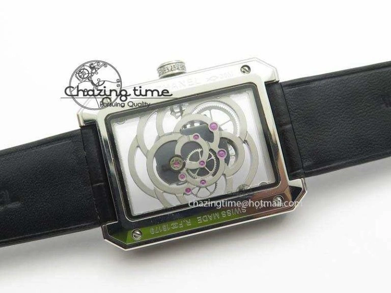 Premiere SS Camellia Silver Skeleton Dial Diamond Bezel On Black Leather Strap Upgraded 6481
