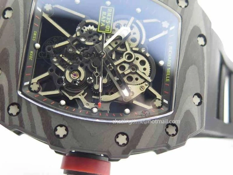 RM 035-01 Forged Carbon KVF Best Edition Black Skeleton Dial Red On Rubber Strap MIYOTA HighQuality 9556