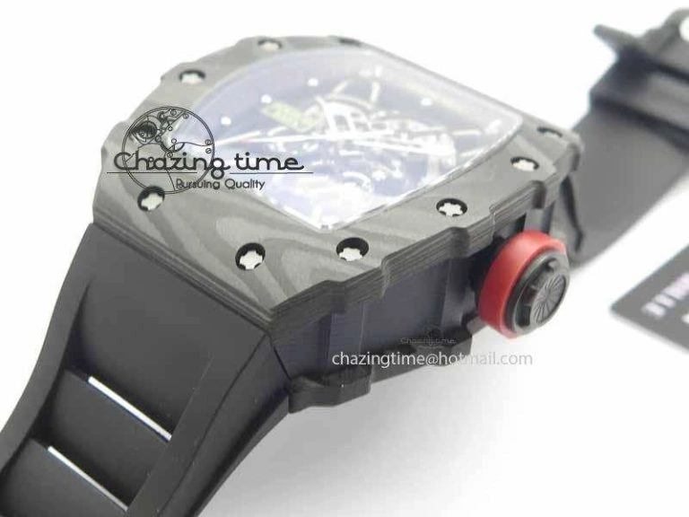 RM 035-01 Forged Carbon KVF Best Edition Black Skeleton Dial Red On Rubber Strap MIYOTA HighQuality 9556
