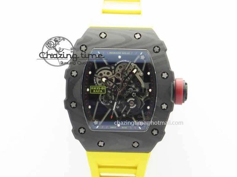 RM 035-01 Forged Carbon KVF Best Edition Black Skeleton Dial Red On Rubber Strap MIYOTA EasyMatch 9553