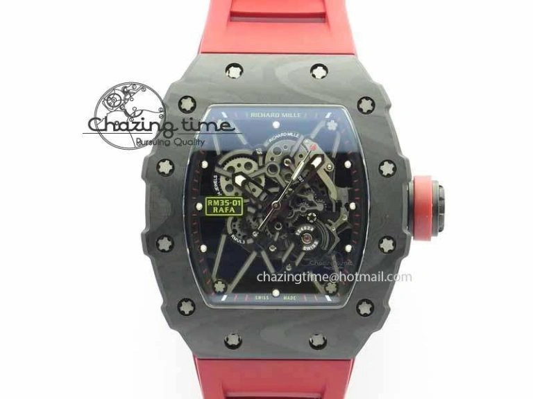 RM 035-01 Forged Carbon KVF Best Edition Black Skeleton Dial Red On Rubber Strap MIYOTA Lightweight 9554