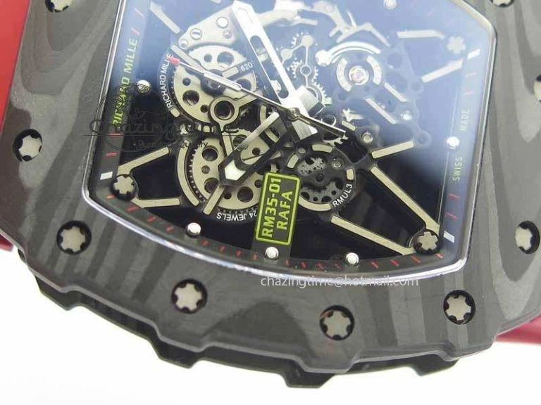 RM 035-01 Forged Carbon KVF Best Edition Black Skeleton Dial Red On Rubber Strap MIYOTA Lightweight 9554