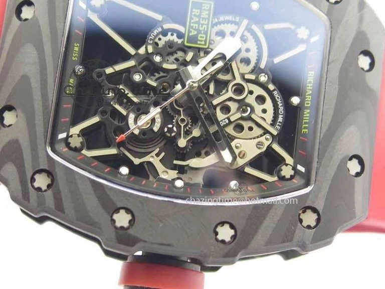 RM 035-01 Forged Carbon KVF Best Edition Black Skeleton Dial Red On Rubber Strap MIYOTA Lightweight 9554