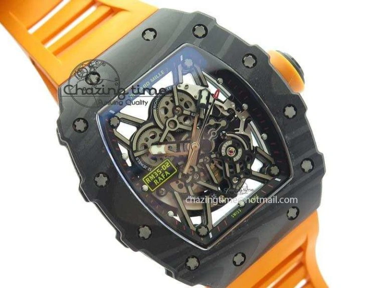 Original RM 035-02 Forged Carbon KVF Best Edition Black Inner Bezel Skeleton Dial On Orange Rubber Strap 5021