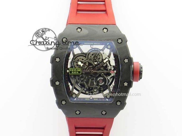 BestValue RM 035-02 Forged Carbon KVF Best Edition Black Inner Bezel Skeleton Dial On Red Rubber Strap 5019
