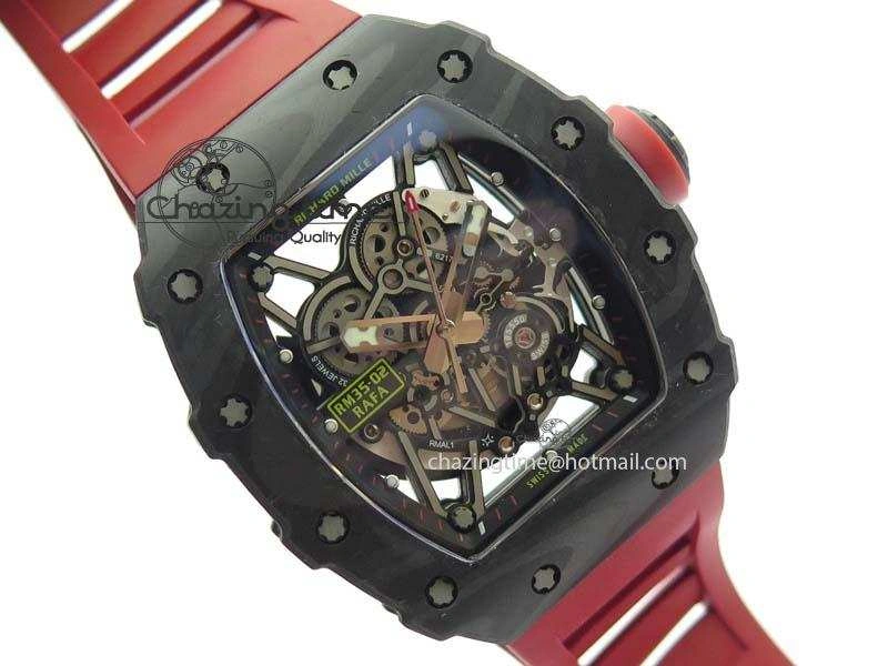 BestValue RM 035-02 Forged Carbon KVF Best Edition Black Inner Bezel Skeleton Dial On Red Rubber Strap 5019