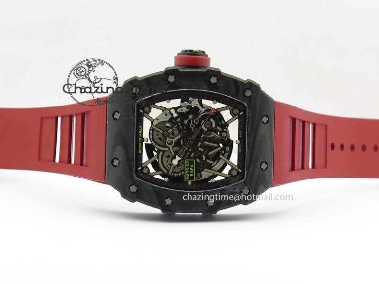 BestValue RM 035-02 Forged Carbon KVF Best Edition Black Inner Bezel Skeleton Dial On Red Rubber Strap 5019