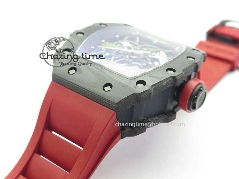 BestValue RM 035-02 Forged Carbon KVF Best Edition Black Inner Bezel Skeleton Dial On Red Rubber Strap 5019