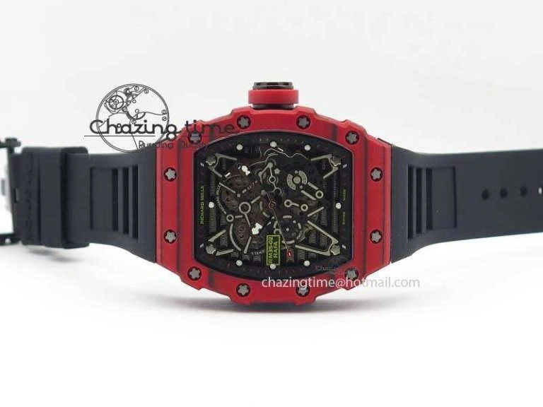WrinkleFree RM 035-2 Red Carbon Black Inner Bezel Skeleton Dial On Black Rubber Strap MIYOTA 9564