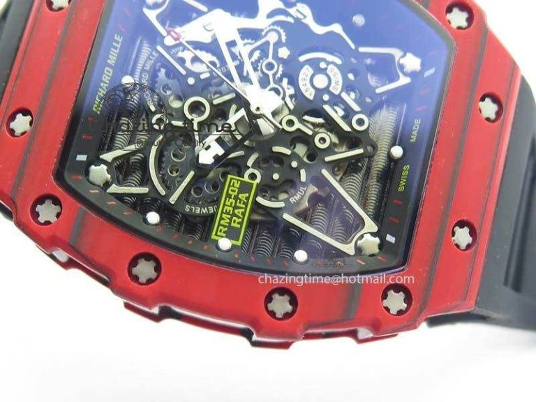 WrinkleFree RM 035-2 Red Carbon Black Inner Bezel Skeleton Dial On Black Rubber Strap MIYOTA 9564