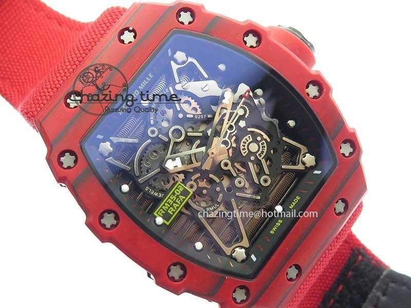 RM 035-2 Red Carbon Black Inner Bezel Skeleton Dial On Red Nylon Strap MIYOTA Sustainable 9572