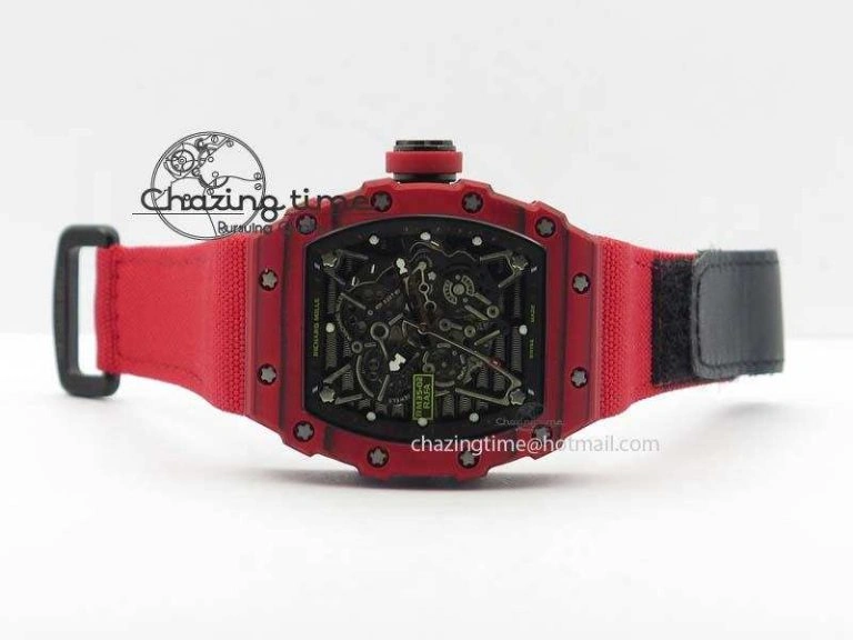 RM 035-2 Red Carbon Black Inner Bezel Skeleton Dial On Red Nylon Strap MIYOTA Sustainable 9572