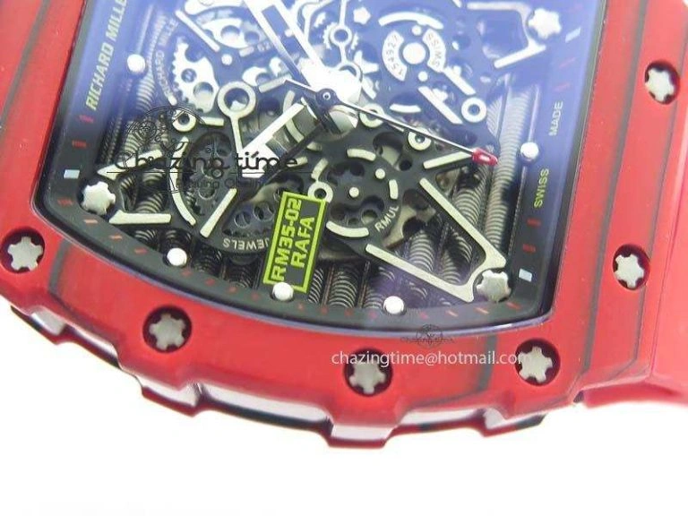 TravelReady RM 035-2 Red Carbon Black Inner Bezel Skeleton Dial On Red Rubber Strap MIYOTA 9571