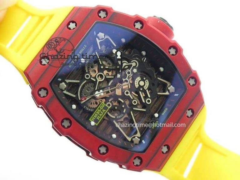 RM 035-2 Red Carbon Black Inner Bezel Skeleton Dial On Yellow Rubber Strap MIYOTA Trendsetting 9566