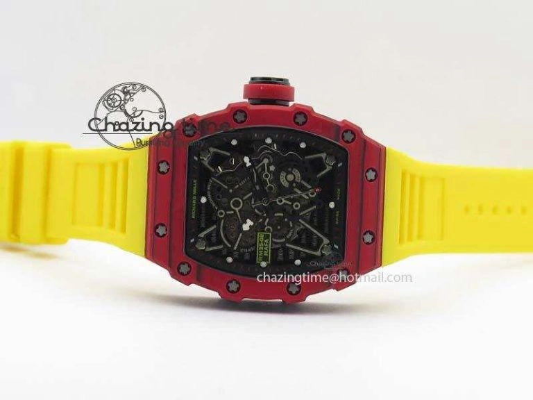 RM 035-2 Red Carbon Black Inner Bezel Skeleton Dial On Yellow Rubber Strap MIYOTA Trendsetting 9566