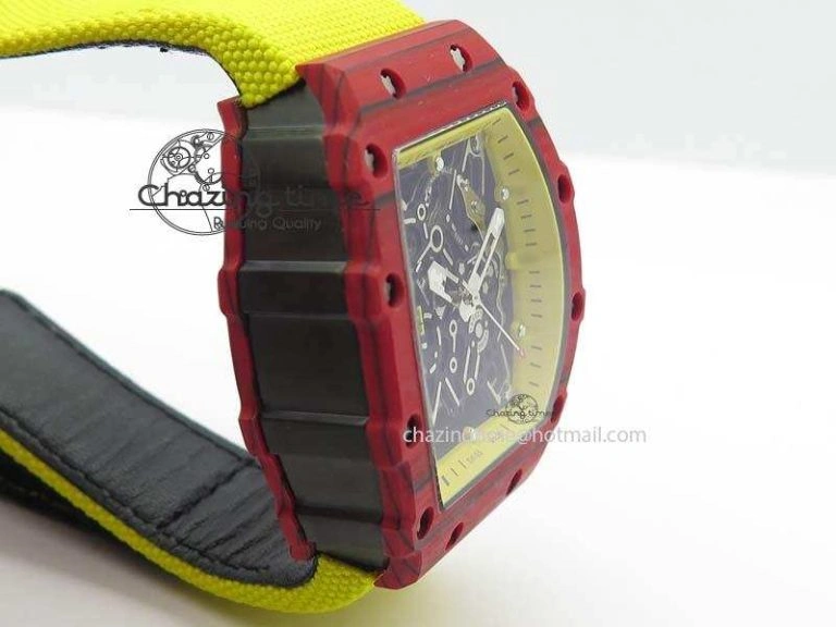 RM 035-2 Red Carbon Yellow Inner Bezel Skeleton Dial On Yellow Nylon Strap MIYOTA RelaxedFit 9568