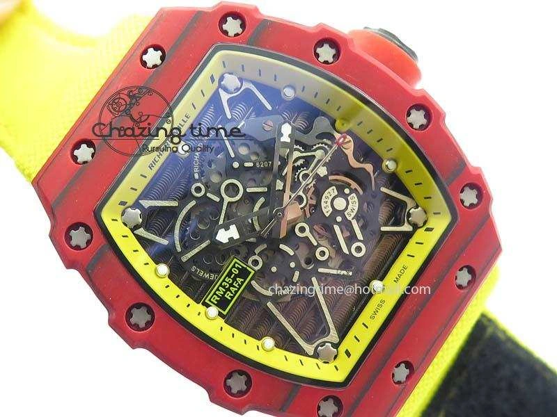 RM 035-2 Red Carbon Yellow Inner Bezel Skeleton Dial On Yellow Nylon Strap MIYOTA RelaxedFit 9568