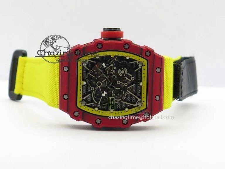 RM 035-2 Red Carbon Yellow Inner Bezel Skeleton Dial On Yellow Nylon Strap MIYOTA RelaxedFit 9568