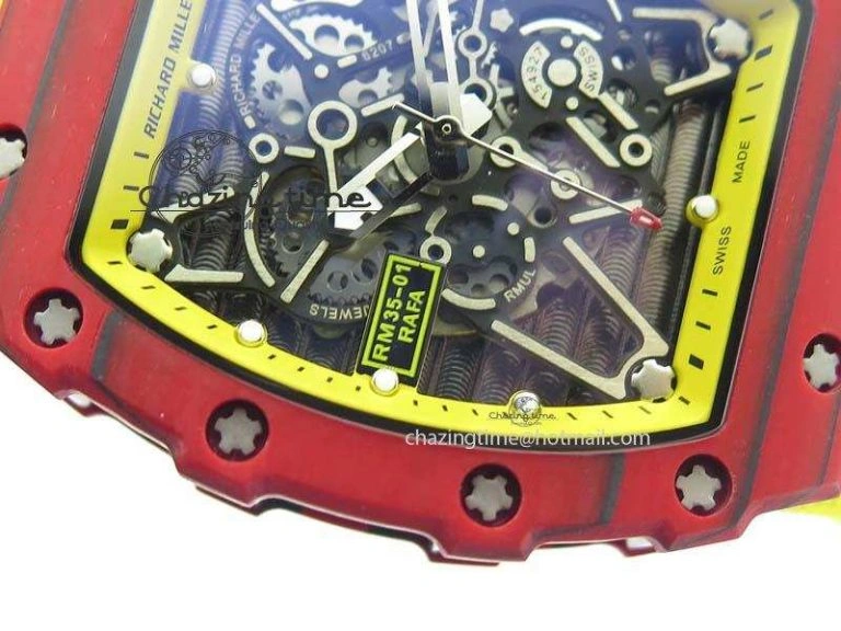 RM 035-2 Red Carbon Yellow Inner Bezel Skeleton Dial On Yellow Nylon Strap MIYOTA RelaxedFit 9568