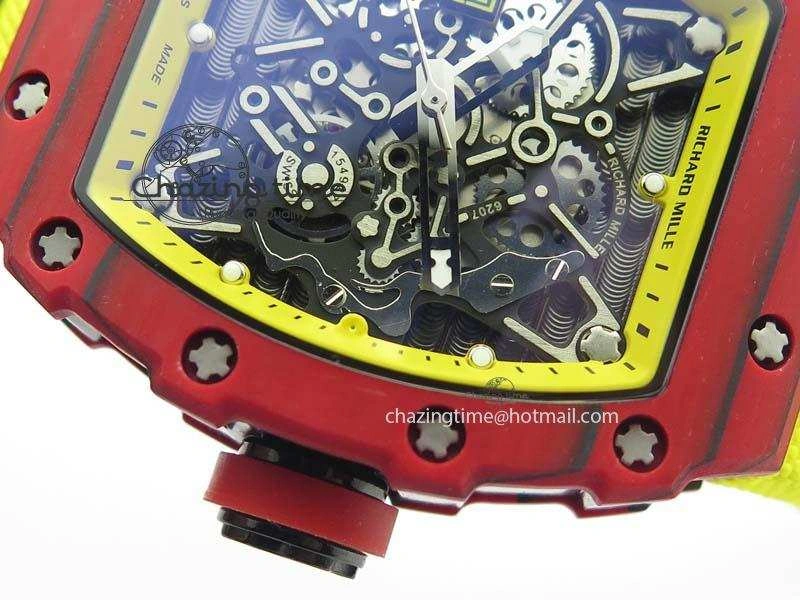 RM 035-2 Red Carbon Yellow Inner Bezel Skeleton Dial On Yellow Nylon Strap MIYOTA RelaxedFit 9568