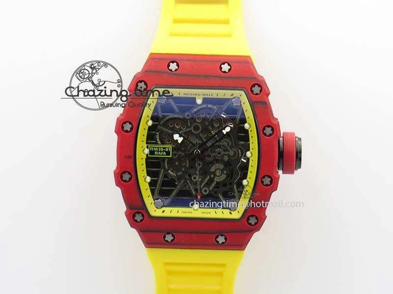 RM 035-2 Red Carbon Yellow Inner Bezel Skeleton Dial On Yellow Rubber Strap MIYOTA OdorResistant 9567