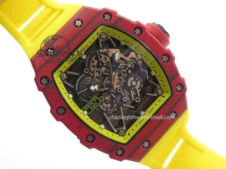 RM 035-2 Red Carbon Yellow Inner Bezel Skeleton Dial On Yellow Rubber Strap MIYOTA OdorResistant 9567