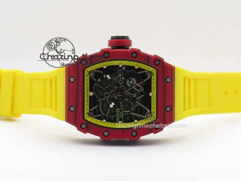 RM 035-2 Red Carbon Yellow Inner Bezel Skeleton Dial On Yellow Rubber Strap MIYOTA OdorResistant 9567