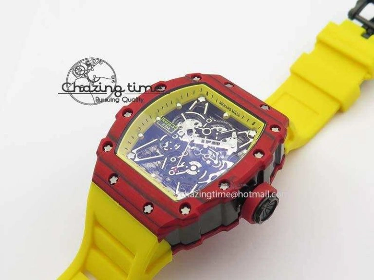 RM 035-2 Red Carbon Yellow Inner Bezel Skeleton Dial On Yellow Rubber Strap MIYOTA OdorResistant 9567