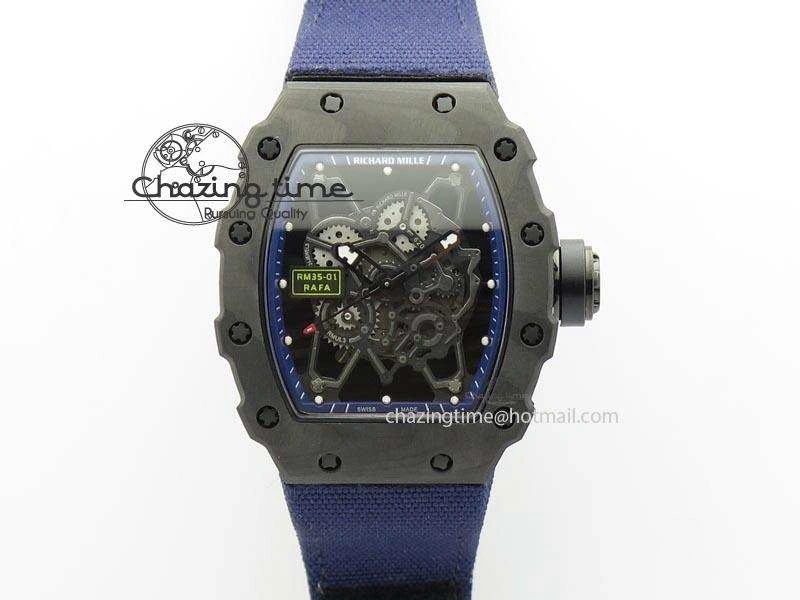TimelessDesign RM 035 Forge Carbon Blue Inner Bezel Skeleton Dial On Blue Nylon Strap MIYOTA 5066