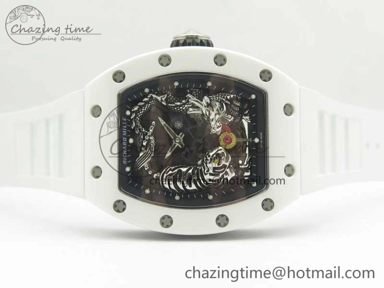 FreshLook RM 51-01 White Ceramic Tiger & Dragon KVF Best Edition on White Rubber Strap MIYOTA 9479