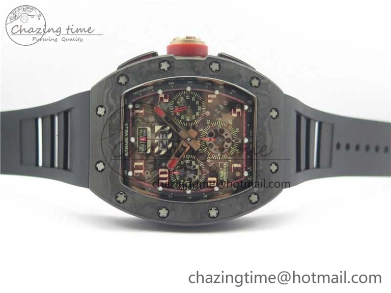 ZeroBulk RM011 Carbon Case Carbon Bezel Chronograph KVF 1:1 Best Edition Skeleton Dial Red RG on Black Rubber Strap A7750 V 9430