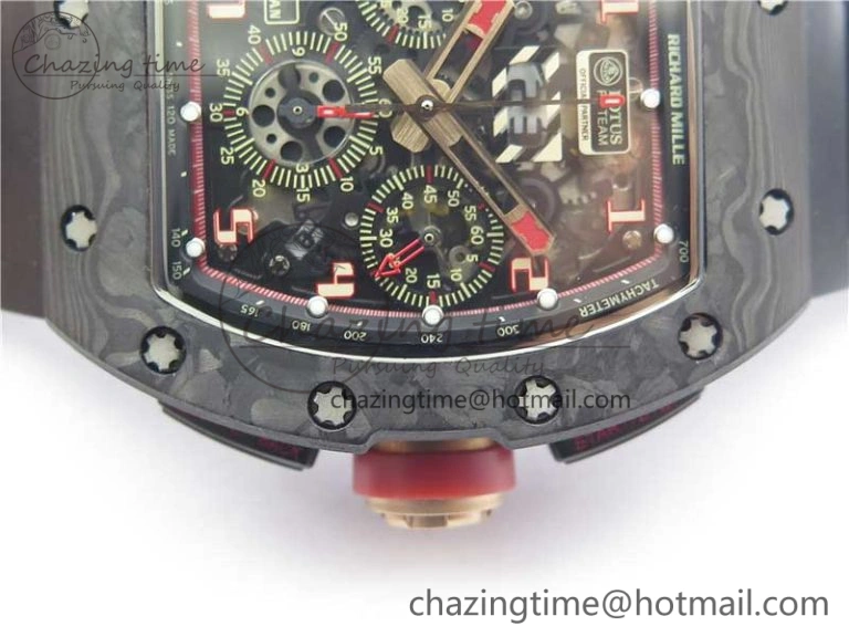ZeroBulk RM011 Carbon Case Carbon Bezel Chronograph KVF 1:1 Best Edition Skeleton Dial Red RG on Black Rubber Strap A7750 V 9430
