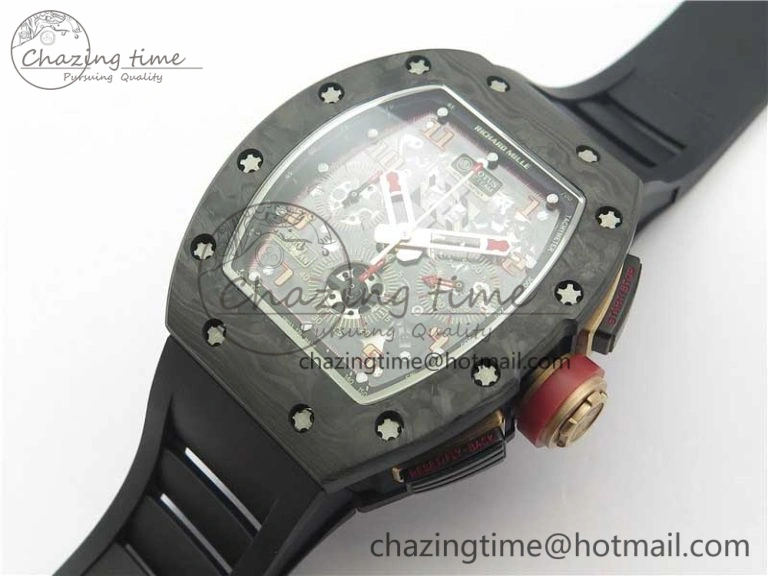 ZeroBulk RM011 Carbon Case Carbon Bezel Chronograph KVF 1:1 Best Edition Skeleton Dial Red RG on Black Rubber Strap A7750 V 9430