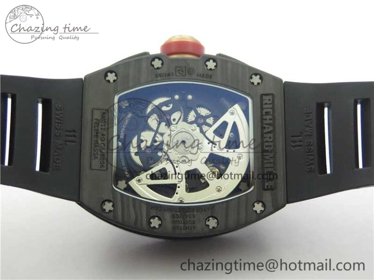 ZeroBulk RM011 Carbon Case Carbon Bezel Chronograph KVF 1:1 Best Edition Skeleton Dial Red RG on Black Rubber Strap A7750 V 9430