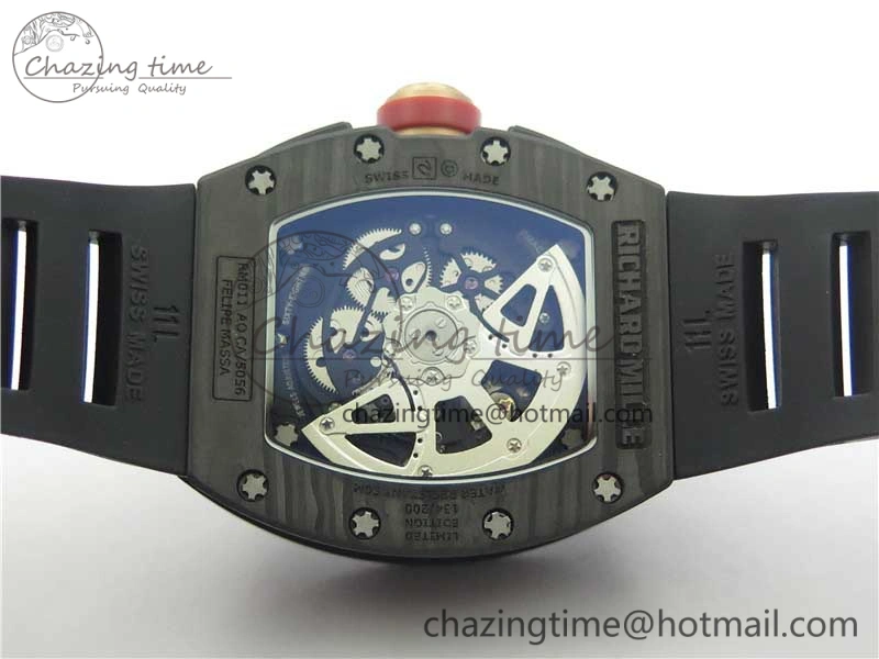 ZeroBulk RM011 Carbon Case Carbon Bezel Chronograph KVF 1:1 Best Edition Skeleton Dial Red RG on Black Rubber Strap A7750 V 9430