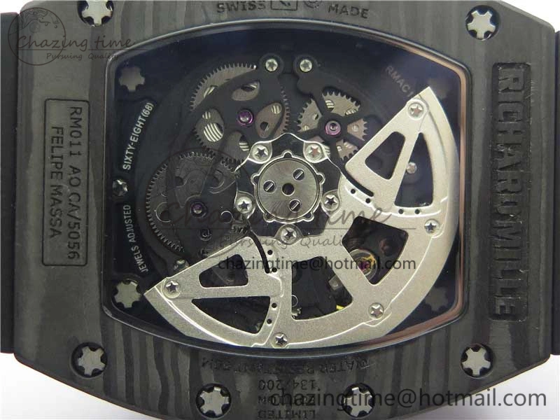 ZeroBulk RM011 Carbon Case Carbon Bezel Chronograph KVF 1:1 Best Edition Skeleton Dial Red RG on Black Rubber Strap A7750 V 9430