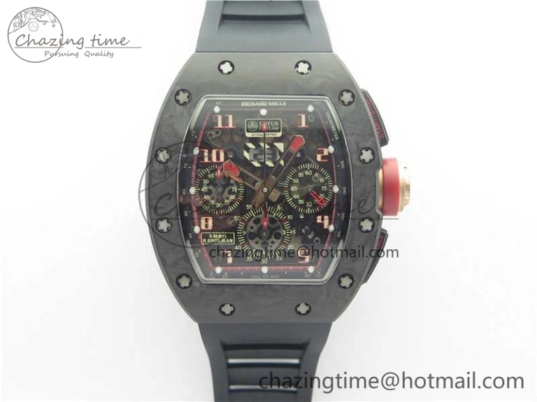 ZeroBulk RM011 Carbon Case Carbon Bezel Chronograph KVF 1:1 Best Edition Skeleton Dial Red RG on Black Rubber Strap A7750 V 9430