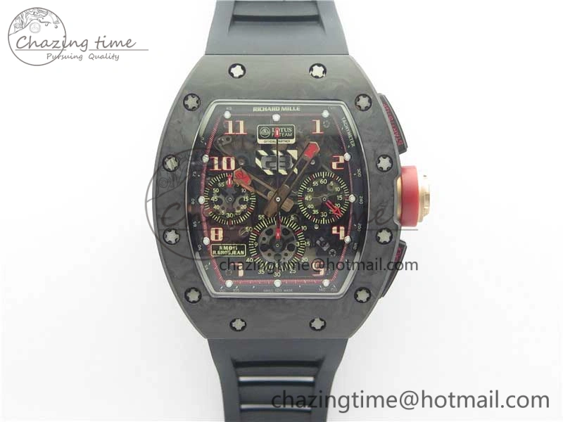 ZeroBulk RM011 Carbon Case Carbon Bezel Chronograph KVF 1:1 Best Edition Skeleton Dial Red RG on Black Rubber Strap A7750 V 9430