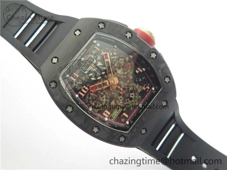 ZeroBulk RM011 Carbon Case Carbon Bezel Chronograph KVF 1:1 Best Edition Skeleton Dial Red RG on Black Rubber Strap A7750 V 9430