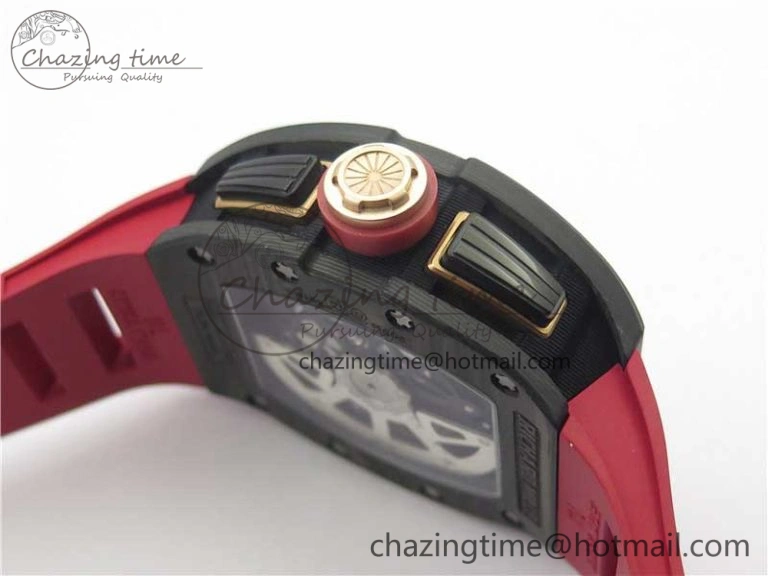 Contemporary RM011 Carbon Case Carbon Bezel Chronograph KVF 1:1 Best Edition Skeleton Dial Red RG on Red Rubber Strap A7750 V 9423