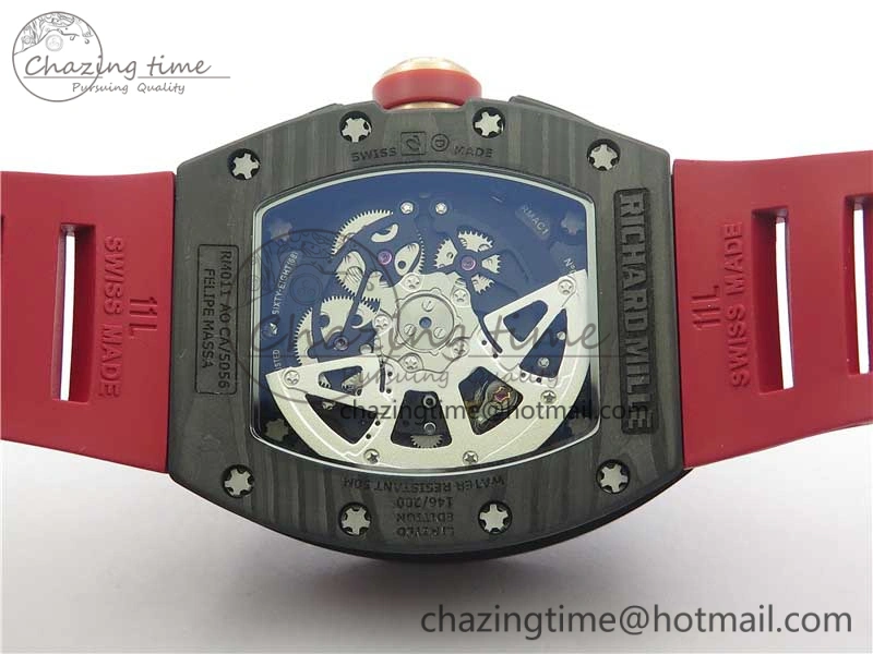 Contemporary RM011 Carbon Case Carbon Bezel Chronograph KVF 1:1 Best Edition Skeleton Dial Red RG on Red Rubber Strap A7750 V 9423